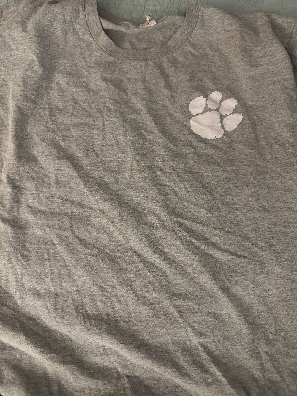 Clemson Gray Short Sleeve Tee with Small White Paw Chest Graphic